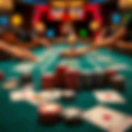 An intricate blackjack table setup highlighting cards and chips