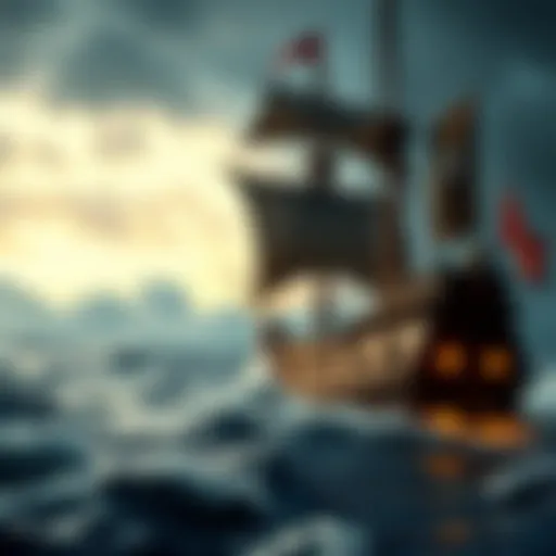 A pirate ship navigating through stormy seas