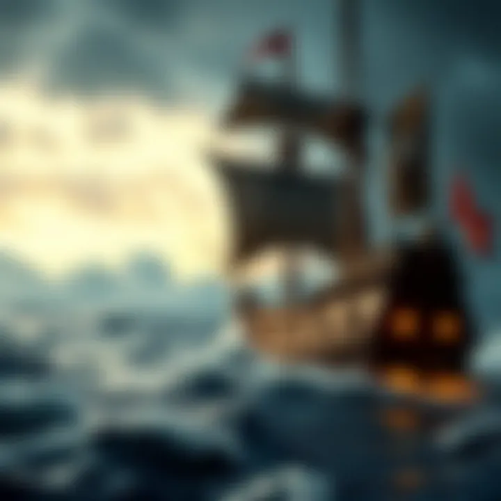The Adventure of Pirate Slots A pirate ship navigating through stormy seas