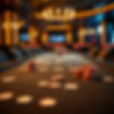 An atmospheric poker table set for a game with chips and cards