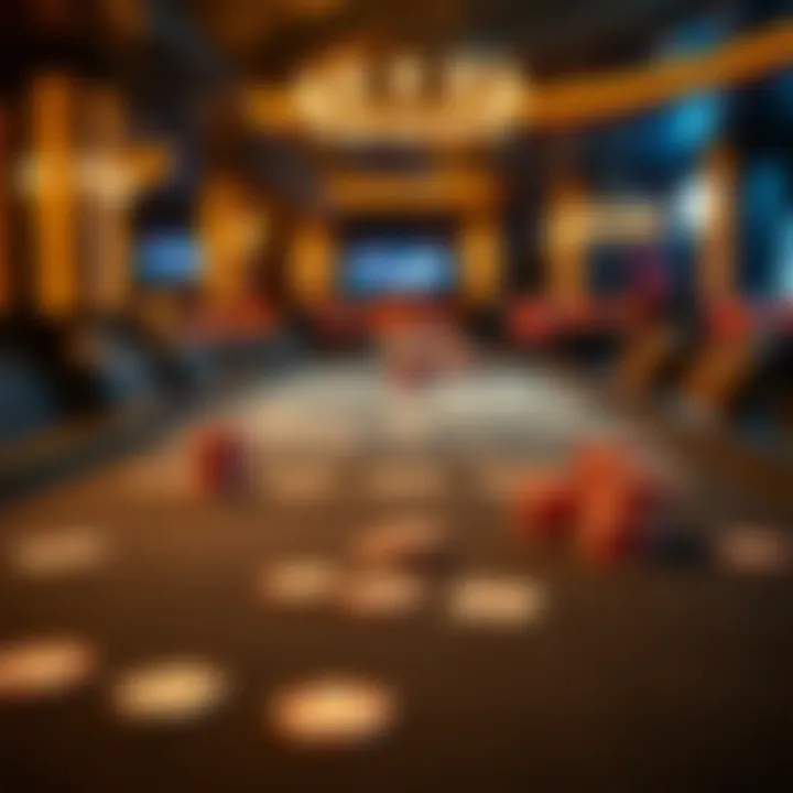 An atmospheric poker table set for a game with chips and cards