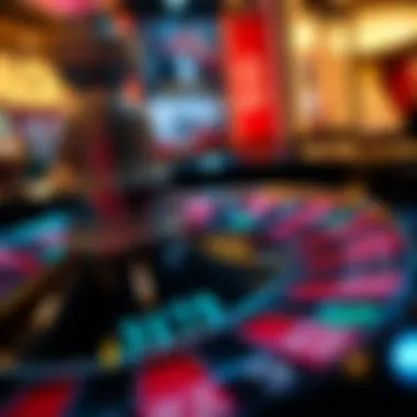 Close-up of a roulette wheel in motion with colorful chips