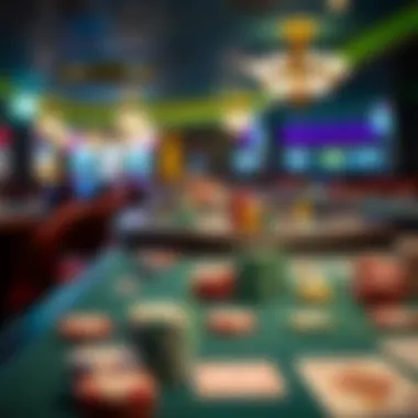 Exciting Gaming Tables in Carter Lake Close-up of gaming tables filled with colorful chips and cards, capturing the excitement of gameplay.