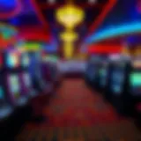 A vibrant casino floor filled with colorful slot machines and tables