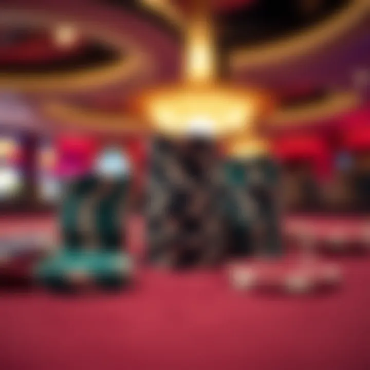 Close-up of poker chips stacked on a casino table