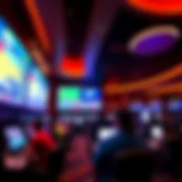 A panoramic view of the Mohegan Sun Sports betting area, showcasing vibrant screens and enthusiastic bettors.