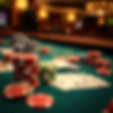 Close-up of poker chips and cards on a gaming table