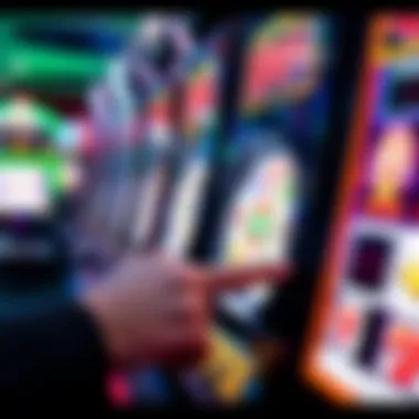 A close-up shot of a hand pressing the spin button on a slot machine