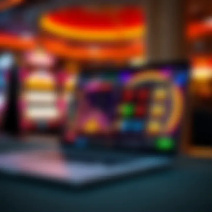 A laptop displaying an online casino platform with slot games