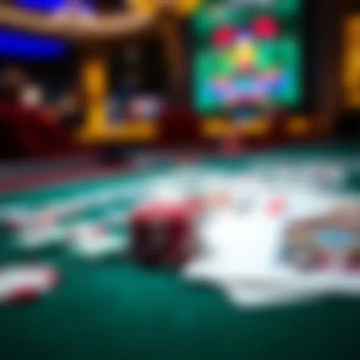 A close-up of poker chips and cards on a felt table