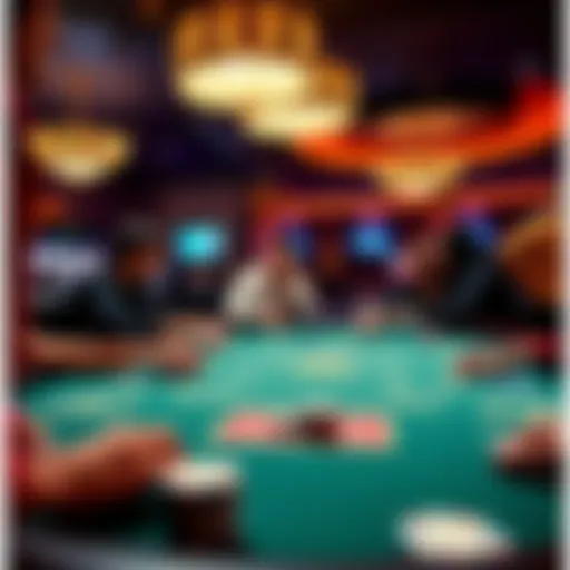 A vibrant poker table with an intense game in progress