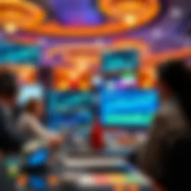 A strategic marketing session in progress with digital screens displaying analytics.