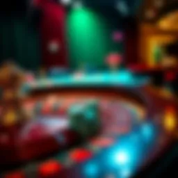 A vibrant roulette table with colorful chips and a spinning wheel