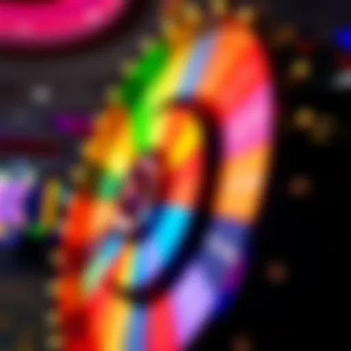 Dynamic Action of the Money Wheel The vibrant money wheel in action at a casino, showcasing colorful segments.