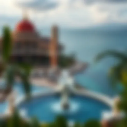 A breathtaking view of a luxury island resort overlooking the ocean