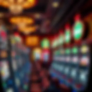 Vibrant Slot Machine Area in Deadwood Casino A vibrant slot machine area filled with colorful lights in a Deadwood casino