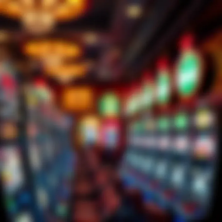 Vibrant Slot Machine Area in Deadwood Casino A vibrant slot machine area filled with colorful lights in a Deadwood casino