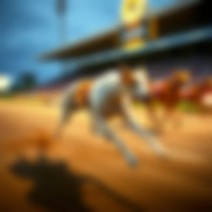 A greyhound racing on the track, showcasing its agility and speed.