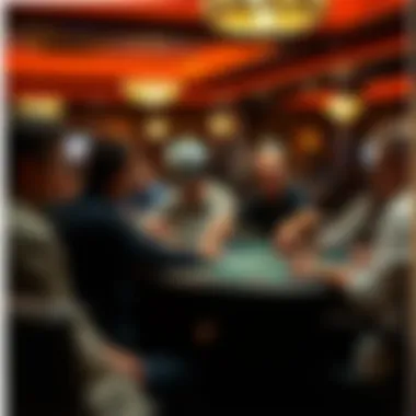 Intense Tournament Action in the Poker Room A group of players engaged in a tournament setting