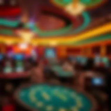 The Vibrant Casino Environment Wide shot of a bustling casino floor with the poker room in the background