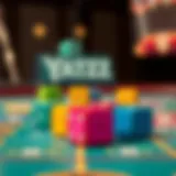 Colorful Yatzy dice on a game board