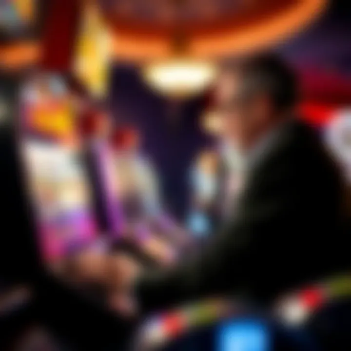 A collector inspecting a slot machine in a well-lit environment