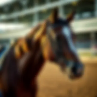 A close-up of a thoroughbred horse preparing for a race, highlighting its athleticism.