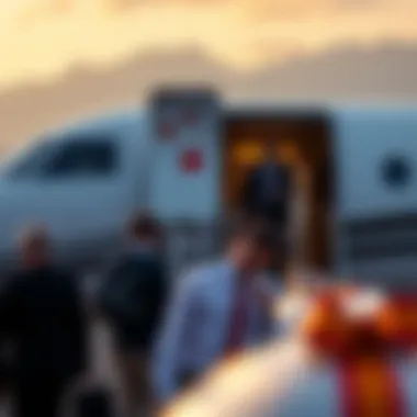 Passengers boarding a private jet with casino branding
