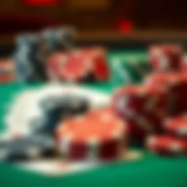 A close-up of various poker chips and cards