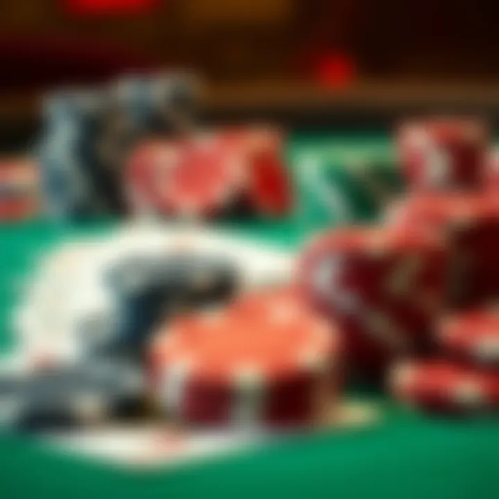 A close-up of various poker chips and cards