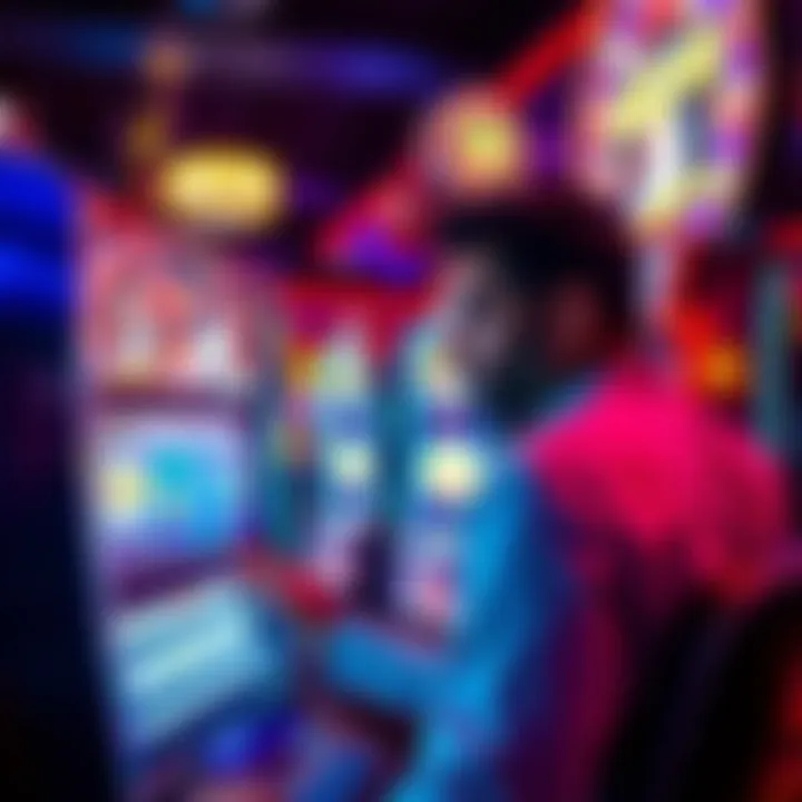 Engaging with the Michael Jackson Slot Machine A player engaging with the Michael Jackson themed slot machine in a vibrant casino atmosphere.