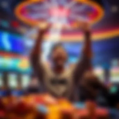 An eye-catching illustration of a player celebrating a win while playing Lightning Link slots.