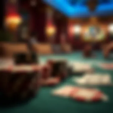 The Game Setup A close-up of poker chips and cards with a contemplative atmosphere