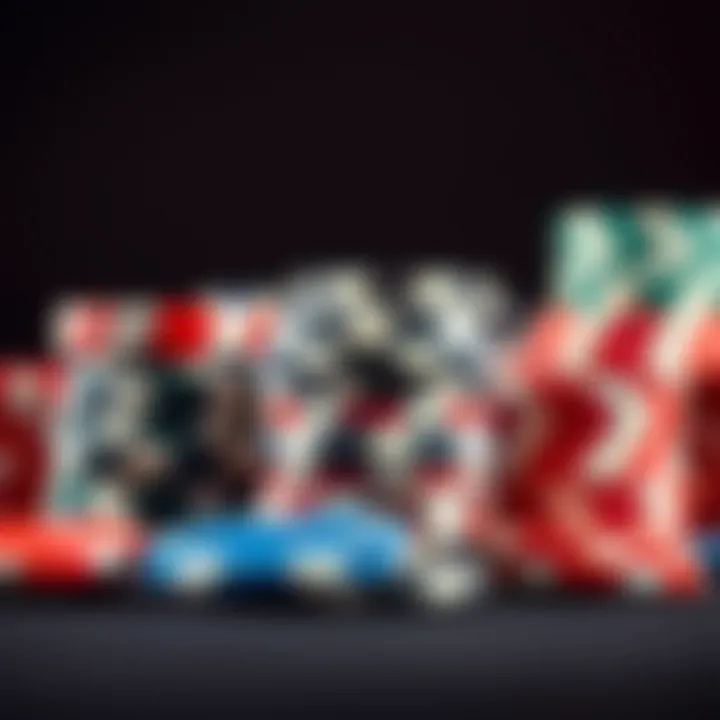 Diverse Poker Chips Collection A close-up view of poker chips stacked in varying denominations, symbolizing strategy.
