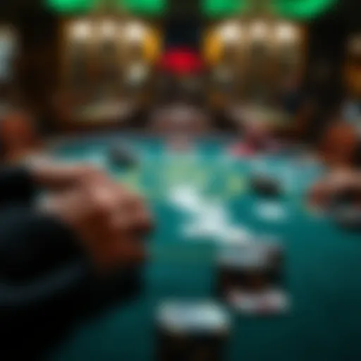 An intricate layout of a poker table with chips and cards arranged strategically.