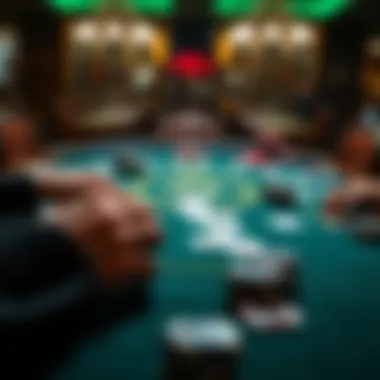 Strategic Poker Table Layout An intricate layout of a poker table with chips and cards arranged strategically.