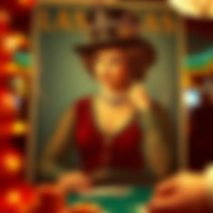 A vintage poster showcasing a glamorous figure associated with gambling