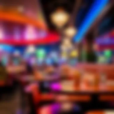 Vibrant atmosphere of a casual eatery featuring colorful decor and lively seating